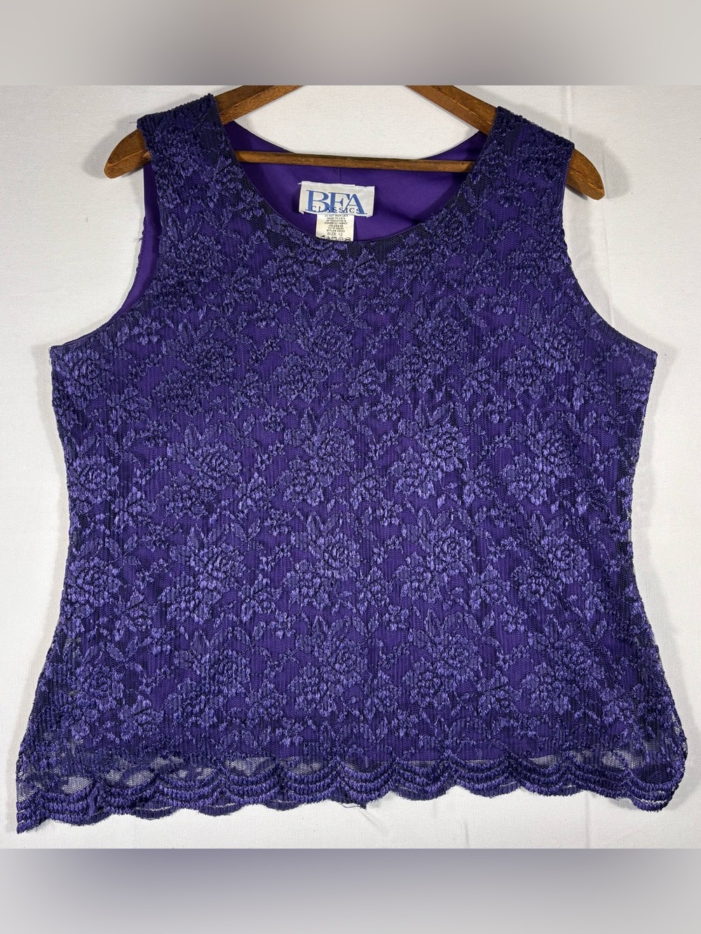BFA Classics Women’s 12 Purple Lace Overlay and Lined Sleeveless Top